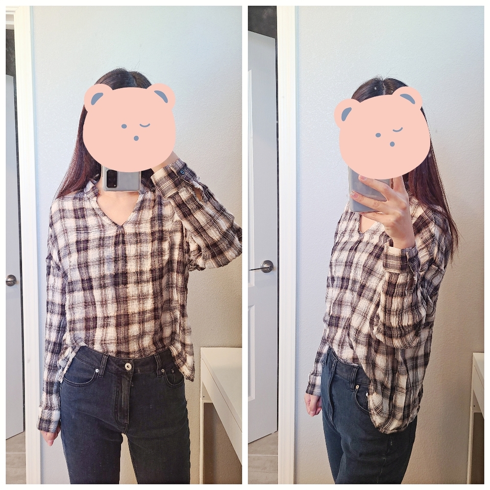 Lush Dolman Long Cuff Sleeves Plaid Stand Collar V-neck Top